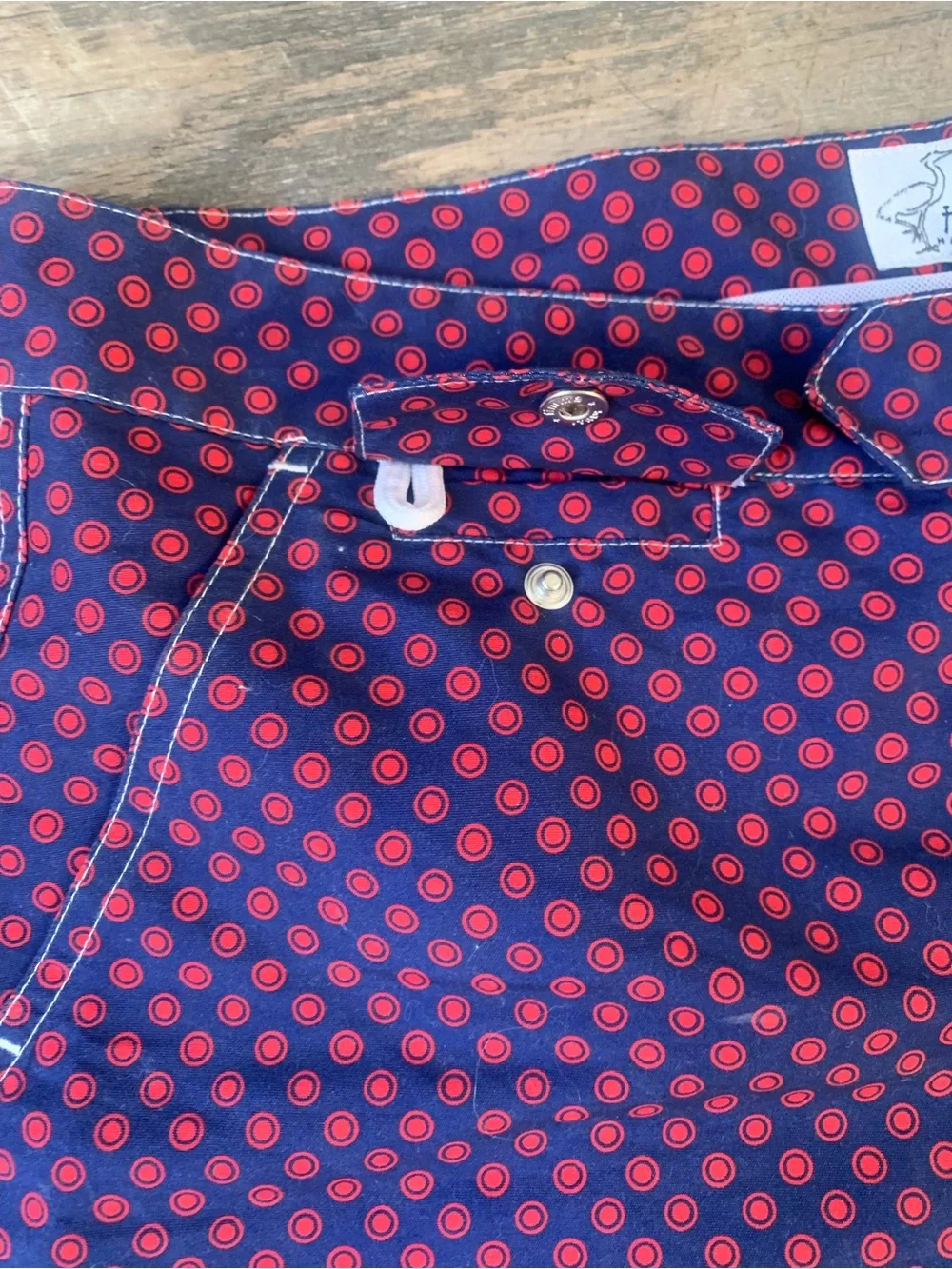 Heron Haberdashery Navy Swim Shorts with Red Dot Print